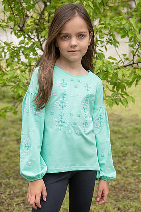 Вишита бірюзова блуза для дівчинки з хрестиковим орнаментом 110–164 фулікра бавовна пеньє, фото 1