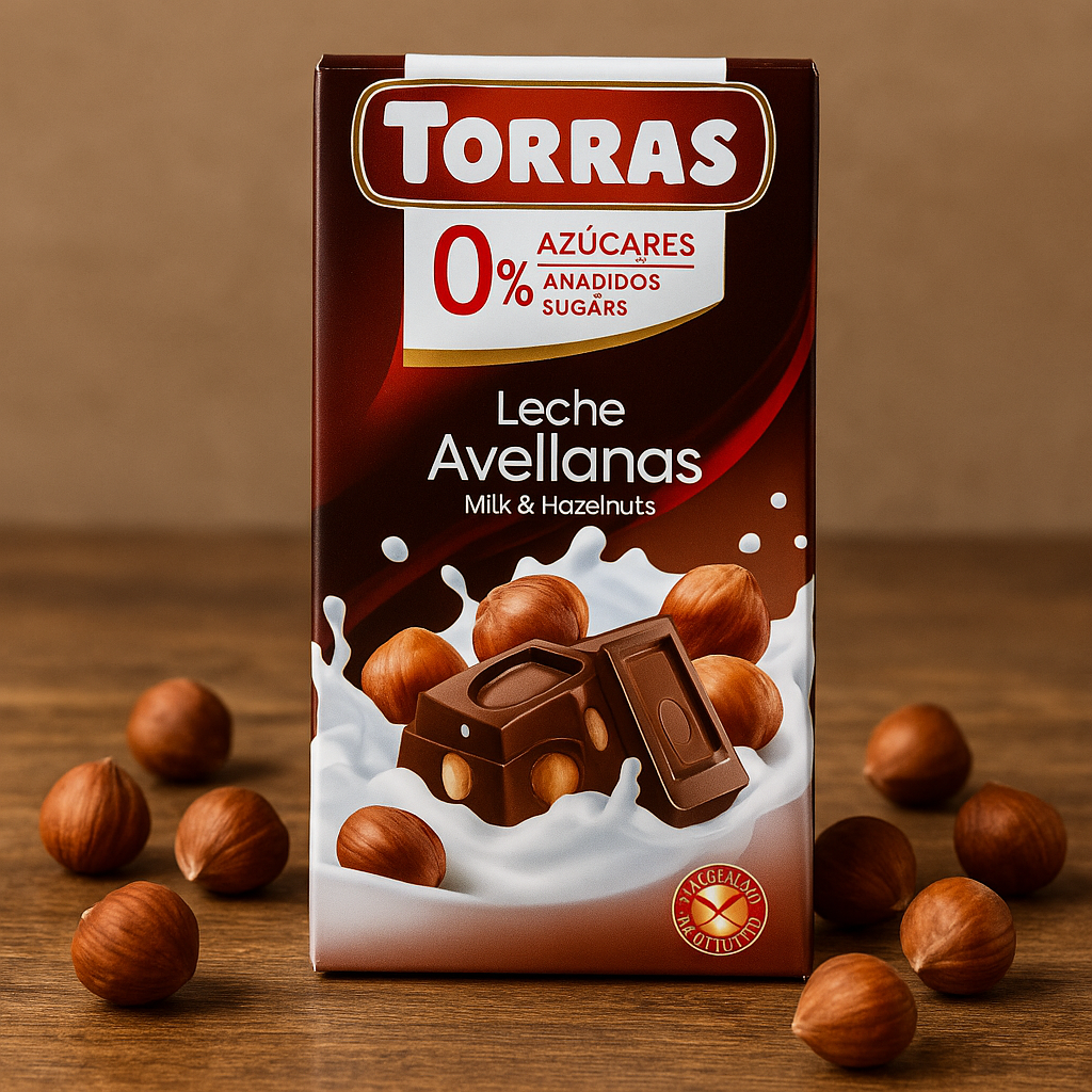 Шоколад молочний з лісовим горіхом без цукру і без глютену Torras 0% 75г. Іспанія, фото 1