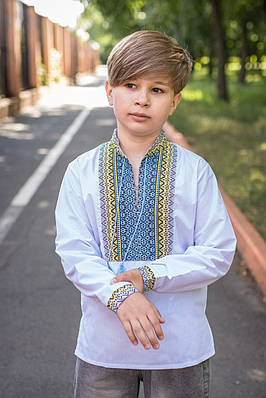 Дитяча вишиванка з домотканими вставками, натуральна тканина, на вік 6–13 років,122, Білий з синім