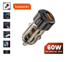 Автомобільна зарядка, з вольтметром Toocki 60W Quick Charge 3.0. Корпус скелетон — прозорий. 2 порти
