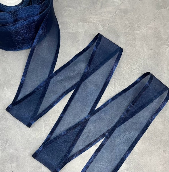 Органза 4 см атласний кант, колір темно-синій, метр, Темно-синій, фото 1