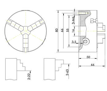 Токарний патрон К11-80, 3-х кулачковий, самоцентрувальний, 80 мм, зі зворотніми кулачками, фото 3