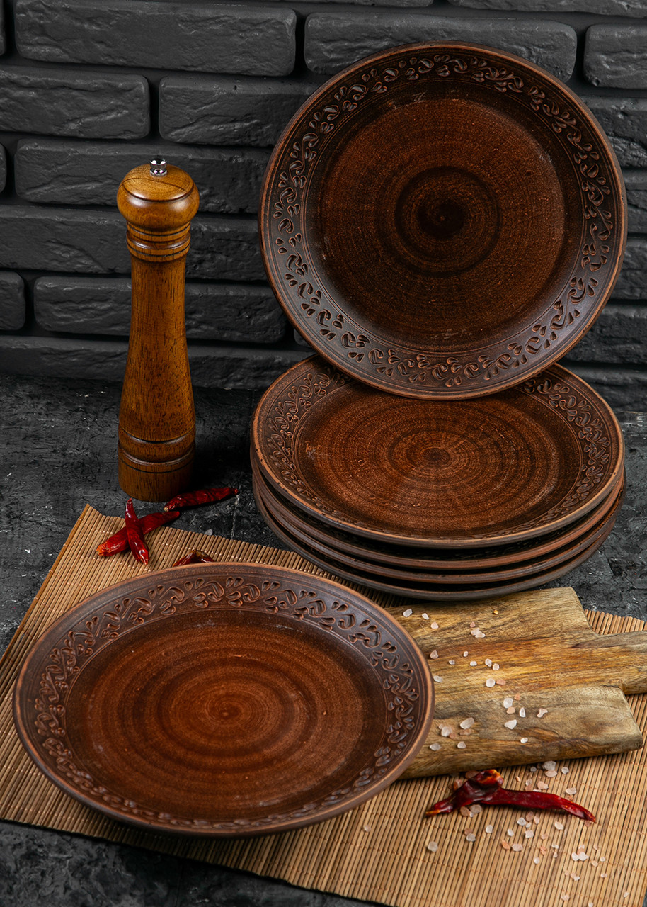 Набір тарілок 255 мм із червоної глини з декором 6 шт, фото 1