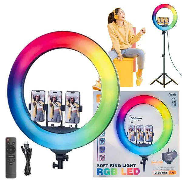 Кільцева лампа Plokama R56Pro 56см з RGB підсвічуванням, 3 тримачі для телефону, пульт, 80W (без штатива), фото 1
