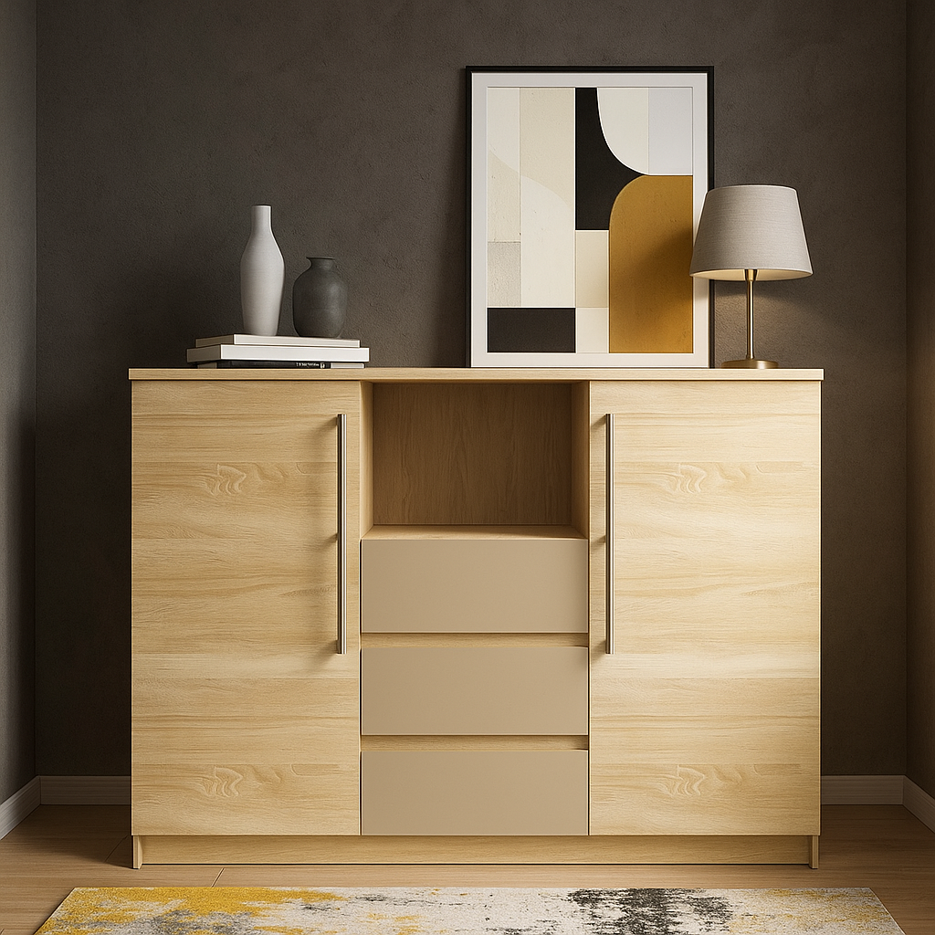 Сучасний високий комод 2Д3Ш дуб сонома 130 см з шухлядами дверцятами полицями в спальню ДСП Аляска Мебель Сервіс