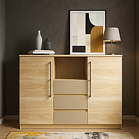 Сучасний високий комод 2Д3Ш дуб сонома 130 см з шухлядами дверцятами полицями в спальню ДСП Аляска Мебель Сервіс