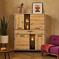 Стильний великий високий комод тумба 4Д1Ш з полицями та шухлядою у вітальню зал Велс Мебель Сервіс