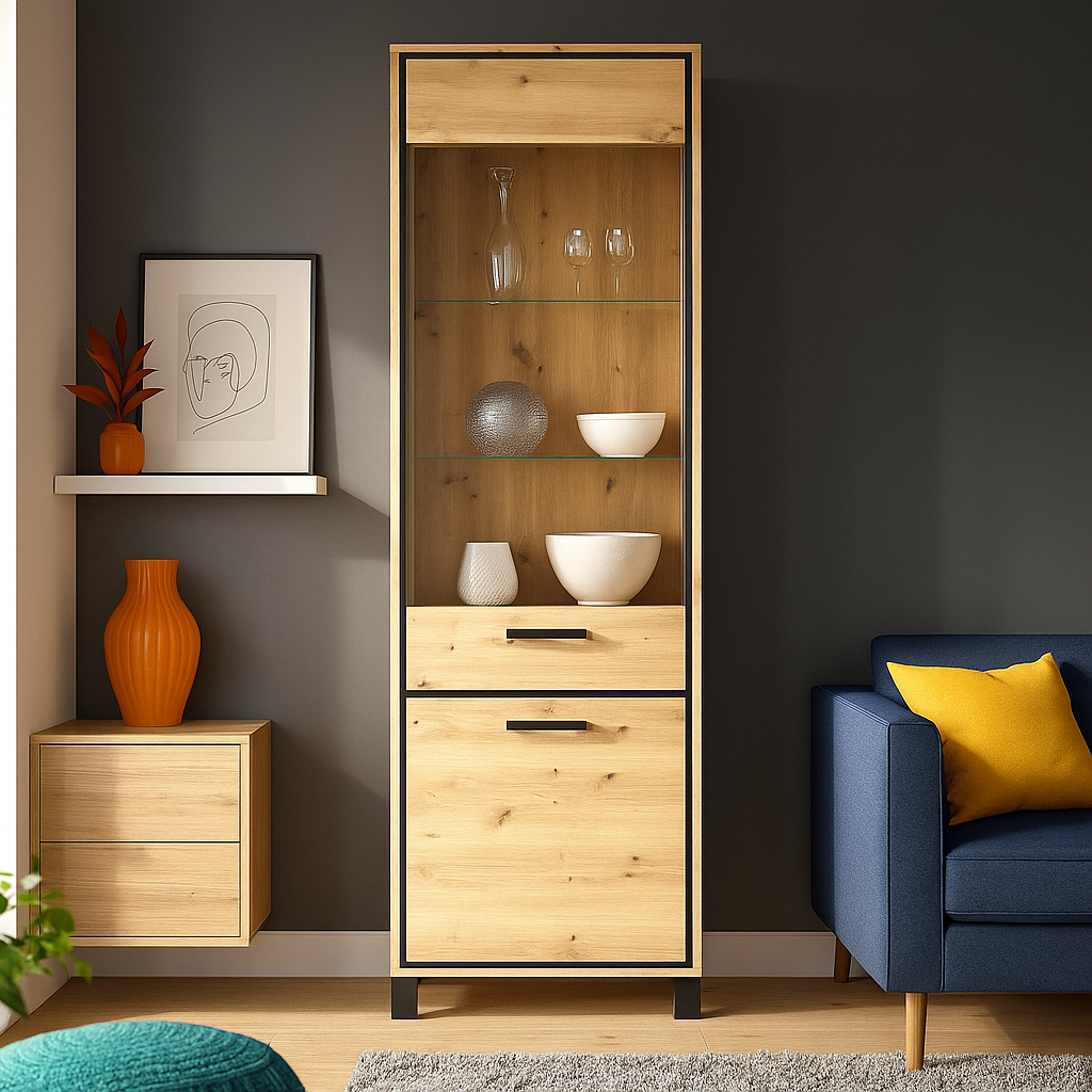 Сучасна скляна пенал вітрина 1В1Д для посуду у вітальню, зал Велс Мебель Сервіс, фото 1