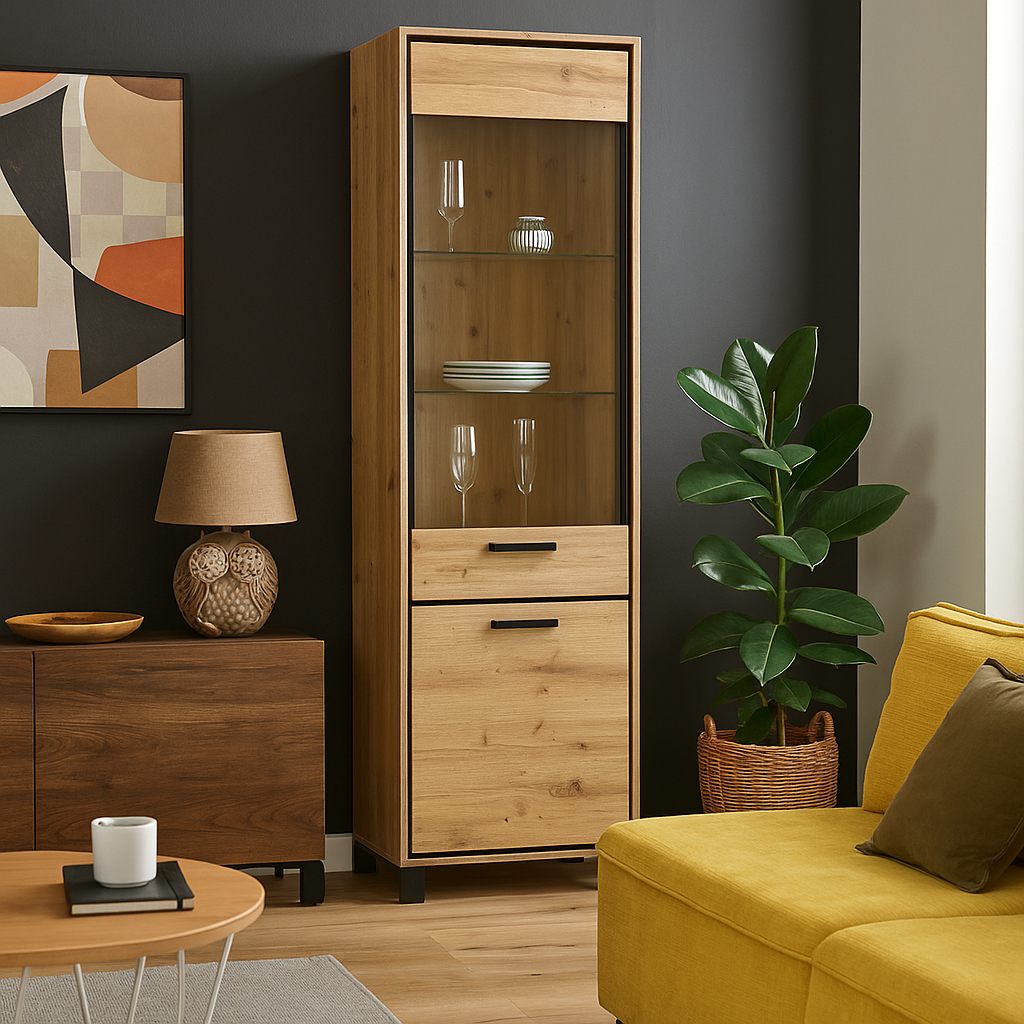 Сучасна скляна пенал вітрина 1В1Д для посуду у вітальню зал Велс Мебель Сервіс