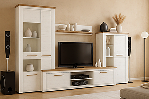Сучасна біла ТВ стінка під телевізор у вітальню зал в стилі прованс 315 см Монтреал Мебель Сервіс