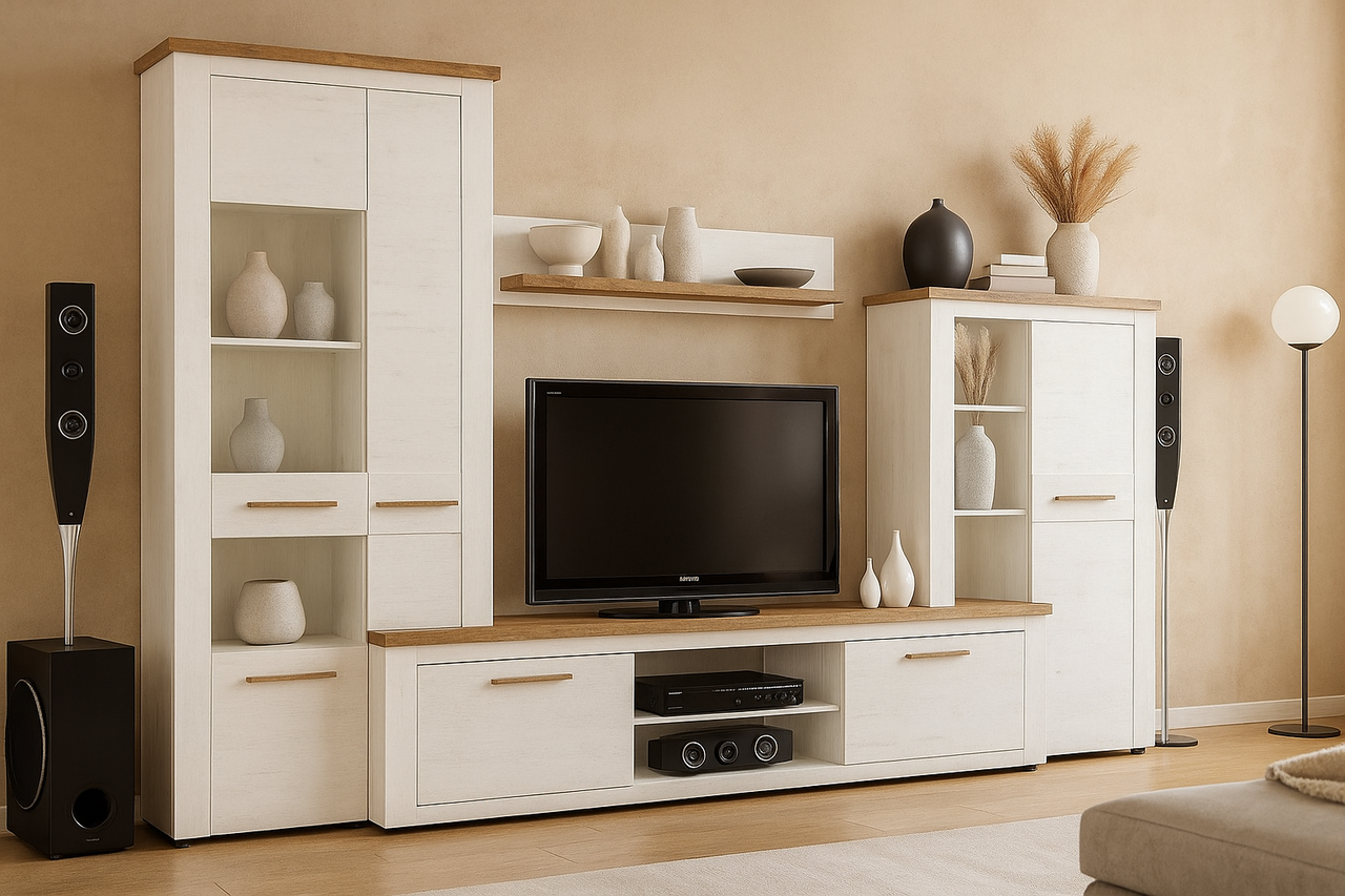 Сучасна біла тв стінка під телевізор у вітальню зал у скандинавському стилі Монтреал Мебель Сервіс 315 см