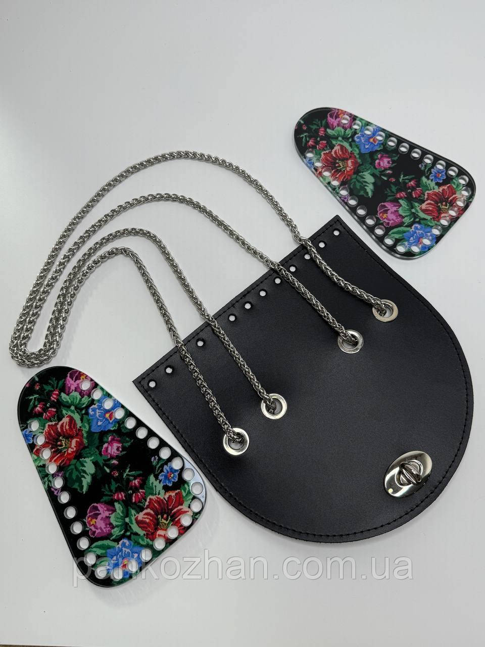 Набір шкіряної фурнітури для сумки МК 10.0 колір чорний, замок овал, принт кольорові квіти, фото 1