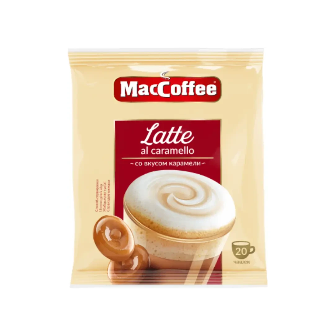 MACCOFFEE LATTE З КАРАМЕЛЛЮ 3 В 1 КАВОВИЙ НАПІЙ 20 ПАКЕТИКІВ У М'ЯКОМУ ПАКОВАННІ