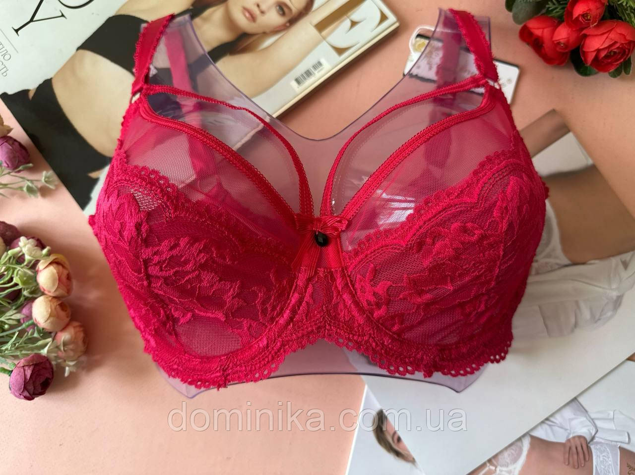 75/80/85С Прозорий бюстгальтер з портупеями на чашку С, ліфчик без поролона 3 розмір малиновий
