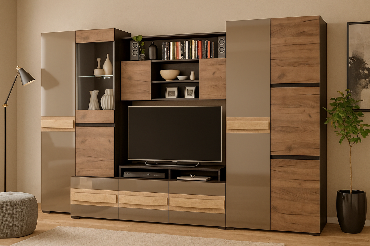 Містка сучасна стінка з підсвіткою під телевізор з шафою у вітальню 3 метри Гламур Мебель Сервіс