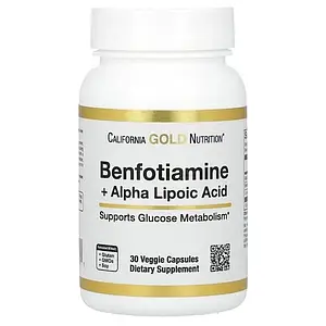 Бенфотіамін + Альфа-ліпоєва кислота California Gold Nutrition Benfotiamine + Alpha Lipoic Acid and L-Leucine 30 капс.