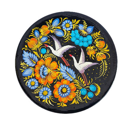 Тарілка 15 см  у подарунковому пакуванні  "Лелеки, сині квіти", з авторським петриківським розписом, фото 1