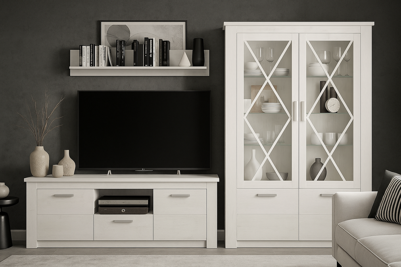 Сучасна модульна біла стінка під телевізор у вітальню зал прованс Джорджіа Мебель Сервіс 336 см