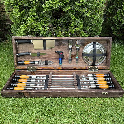 Подарунковий набір для пікніка Голд ручної роботи (шампура та аксесуари). Набір для приготування шашлику., фото 1