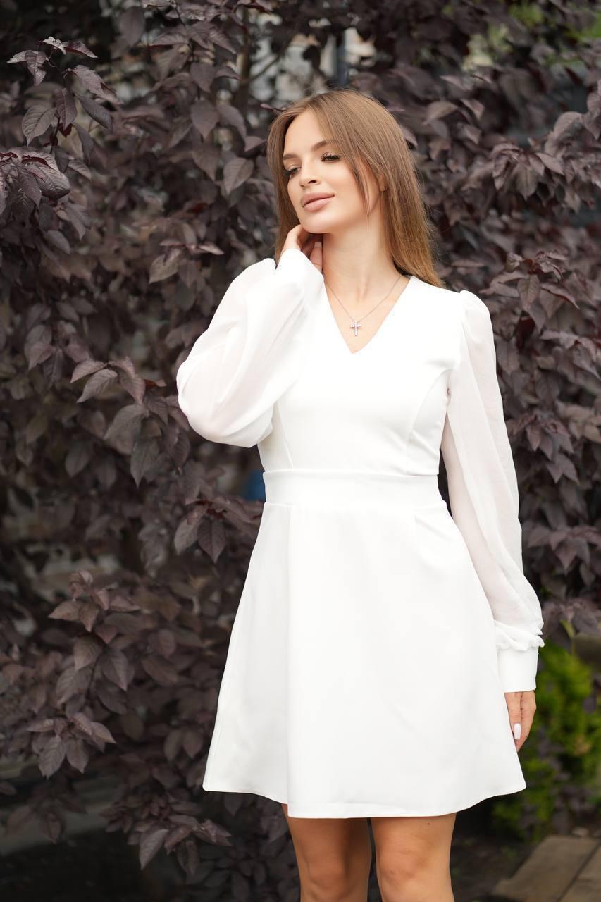 Жіноче коротке біле плаття з шифоновими рукаваим, фото 1
