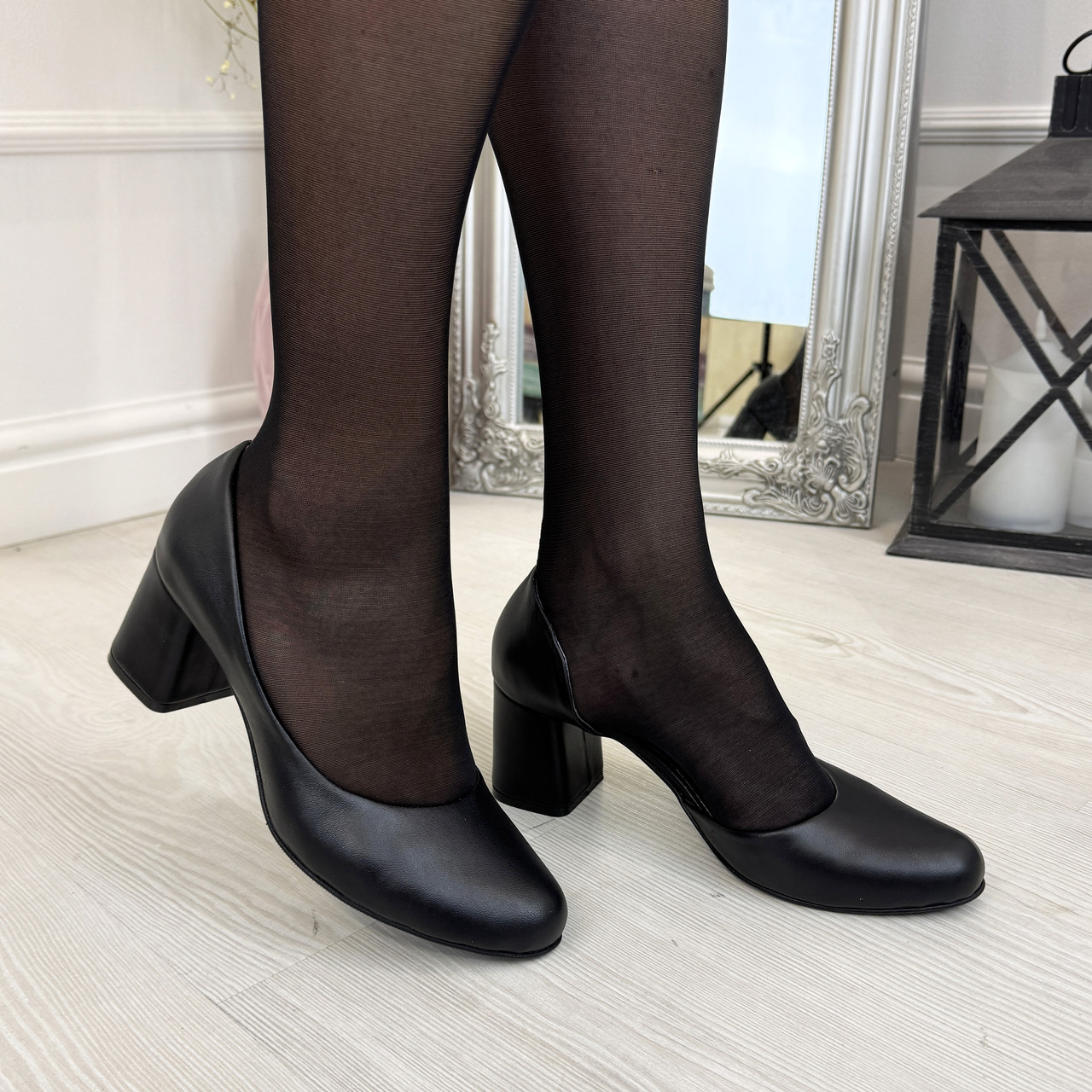 Туфли женские черные кожаные на каблуке, фото 1