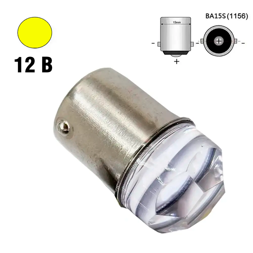 Автолампа світлодіодна 1156 BA15S, 9 smd 3030, 3D лінза, 12 В, жовта, фото 1