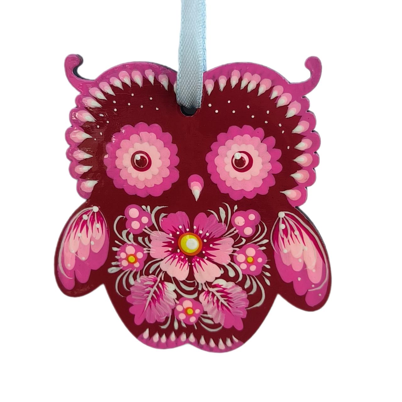 Фанерна підвіска "Сова, бордова" 7,5*8 см., з петриківським розписом, ручної роботи.