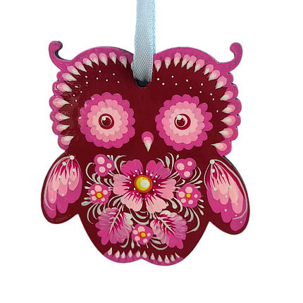 Фанерна підвіска "Сова, бордова" 7,5*8 см., з петриківським розписом, ручної роботи., фото 1