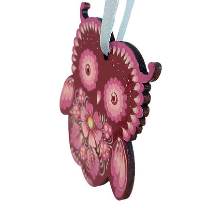 Фанерна підвіска "Сова, бордова" 7,5*8 см., з петриківським розписом, ручної роботи., фото 2