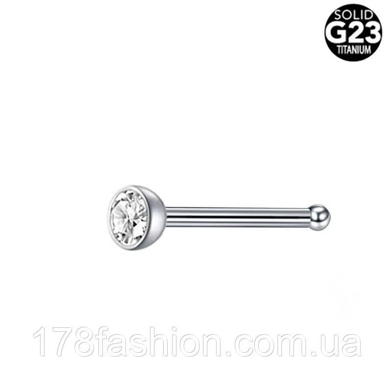 Титанова сережка для пірсингу носа гвоздик з прозорим камінчиком 2 мм., фото 1
