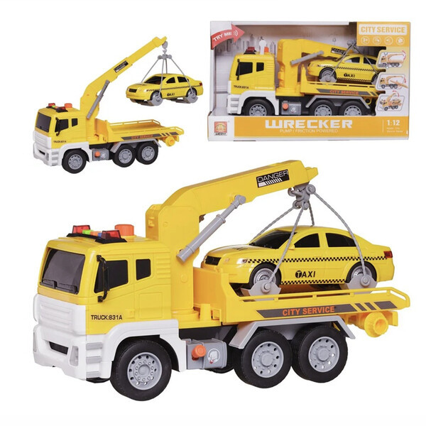 Іграшка евакуатор з машинкою таксі Wenyi 30 см інерційний світло звук Жовтий (59977), фото 1