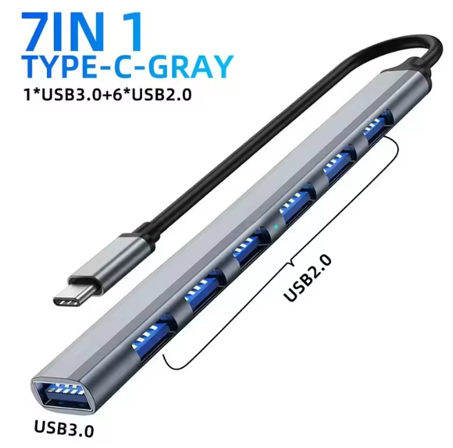 USB-концентратор USB-хаб 3.0 USB-С 7 портів (USB2.0+USB3.0) сірий