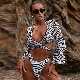 Купальник жіночий роздільний з топом накидкою з рукавами анімалістичного принту зебра колір білий з чорним S