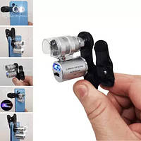 Мікроскоп міні NO.9882W1 для телефона з прищіпкою, збільшення 60Х, 2 LED, 1UV, з підсвіткою