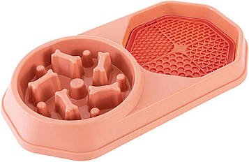 Миска для котів і собак подвійна повільного годування, пластик + гума, 37,2×20×5 см, помаранчева