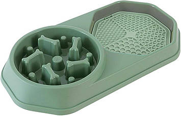 Миска для котів і собак подвійна повільного годування, пластик + гума, 37,2×20×5 см, зелена