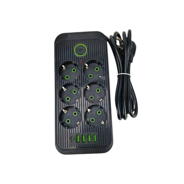 Мережевий фільтр з USB (6×220В+4×USB+1×Type-C) QL-1075U 5 метрів Чорний
