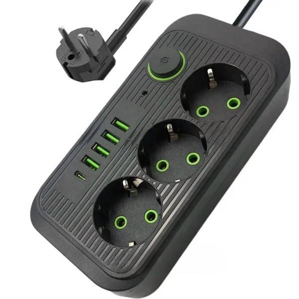 Мережевий фільтр з USB (3×220В+4×USB+1×Type-C) QL-1074U 5 метрів Чорний