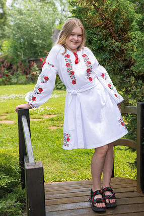 Вишита сукня для дівчинки з червоно-чорними квітами 122–164 розмір біла з пояском, фото 1