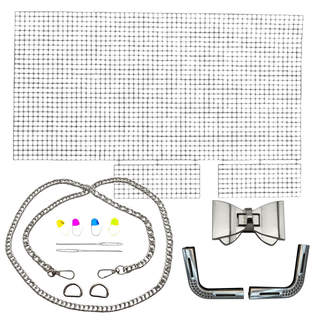 Канва + Замок Бантик + Куточки для клапана №13 + Ручка-ланцюжок колір срібло Набір для сумки з канви, фото 1