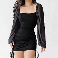 Женское изящное легкое классическое маленькое черное платье мини короткое длинный рукав весна лето в обтяжку