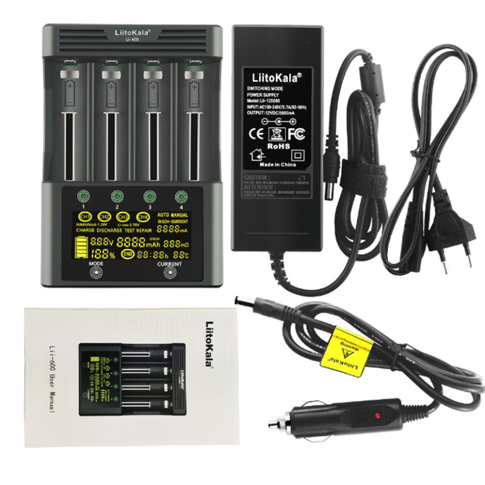 Універсальний інтелектуальний зарядний пристрій LiitoKala Lii-600 EU для акумуляторів + автомобільний кабель, фото 1
