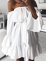 Женское короткое платье стильное легкое миди с пышными рукавами черный, белый, голубой