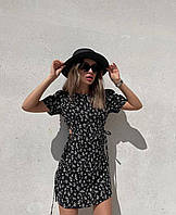 Женское короткое цветочное платье мини стильное легкое короткий рукав черное