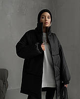 Подовжена молодіжна зимова жіноча тепла куртка чорна, біла