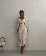 Женское длинное платье стильное миди короткий пышный рукав женское длинное беж, молоко, красный, темный беж