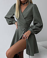 Женское короткое платье пышный низ стильное на запах подчеркивает фигуру длинный рукав сетка черный, хаки