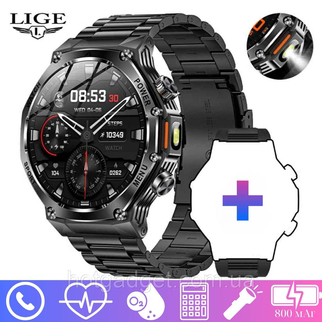 Смарт годинник Lige Ak82 Black (пульсоксиметр, розмова) 800мАч, 2 ремінці, фото 1