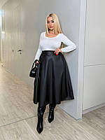 Женская классическая стильная кожаная юбка миди черного цвета 42-44(1),46-48(2)