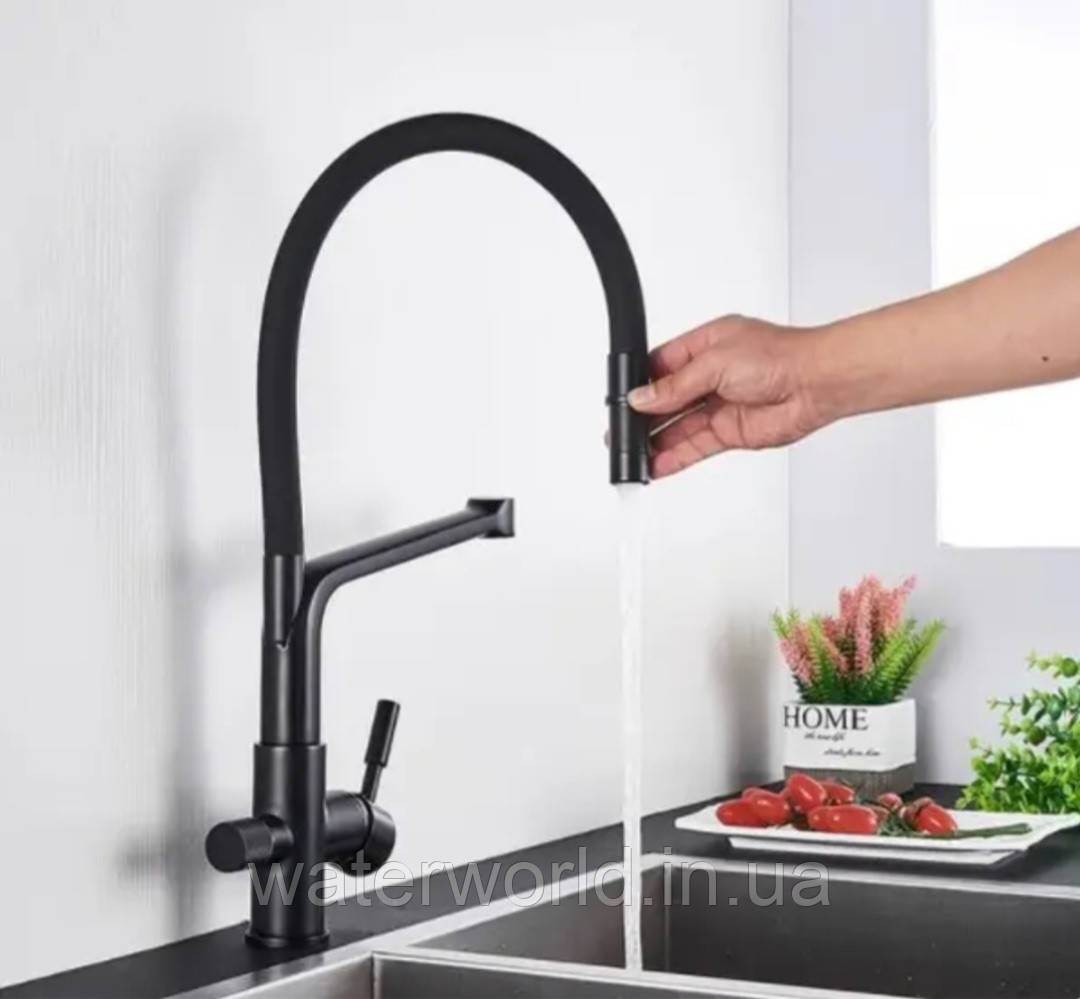 Змішувач для кухні чорного кольору з гнучким гусаком із під'єднанням до фільтра води MIXXUS PREMIUM BAROLO 021, фото 1